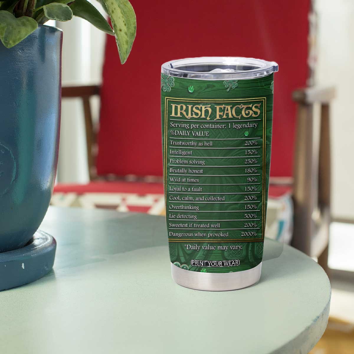Funny Irish Facts Tumbler Cup Nutrition Facts Celtic Cross Lucky Shamrocks St Patricks Day TB02 Print Your Wear