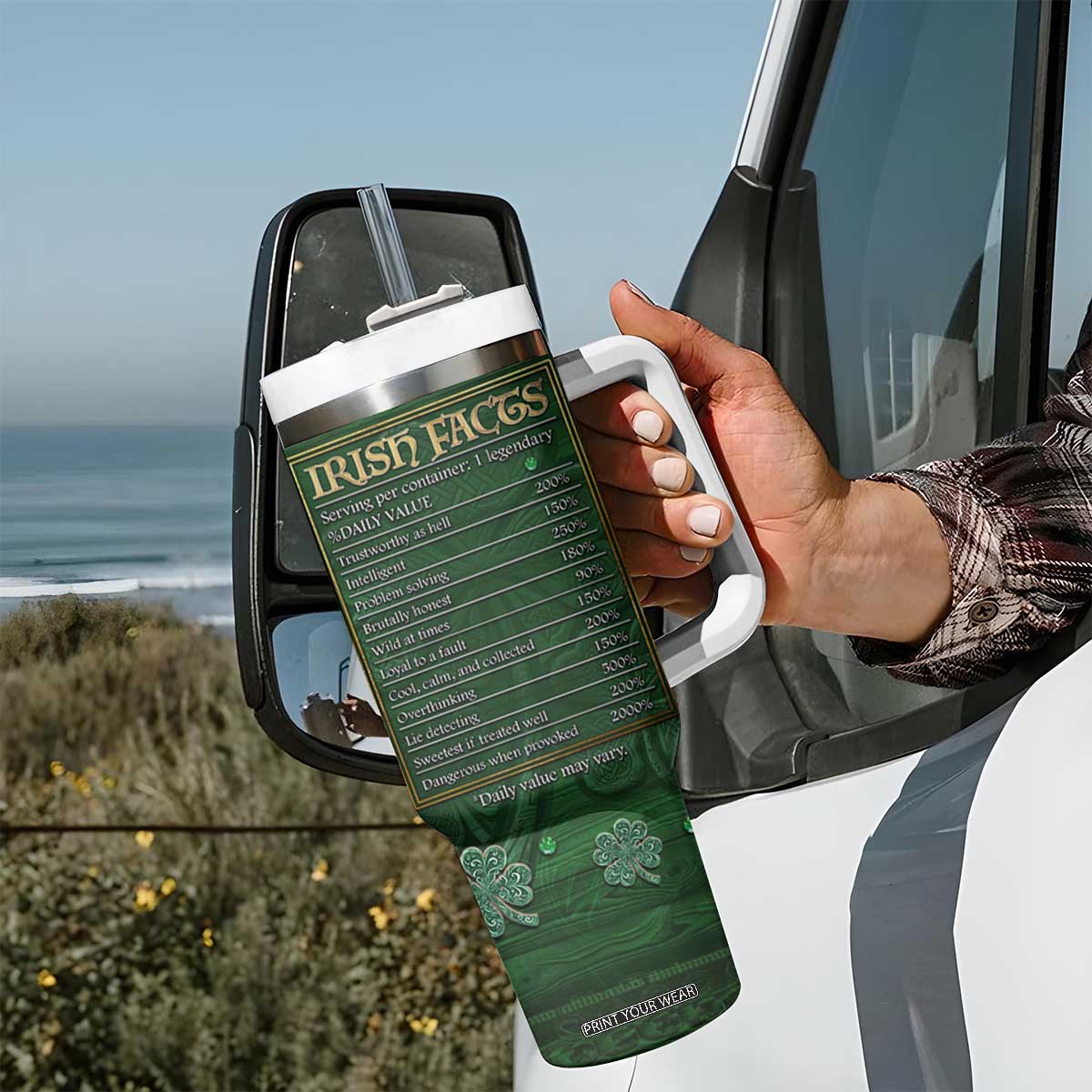 Funny Irish Facts Tumbler With Handle Nutrition Facts Celtic Cross Lucky Shamrocks St Patricks Day TB02 Print Your Wear