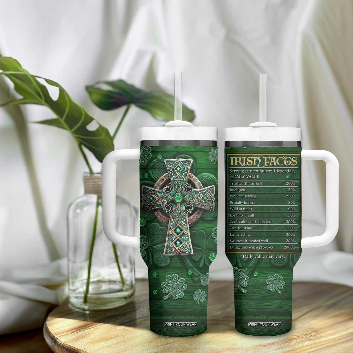 Funny Irish Facts Tumbler With Handle Nutrition Facts Celtic Cross Lucky Shamrocks St Patricks Day TB02 Print Your Wear