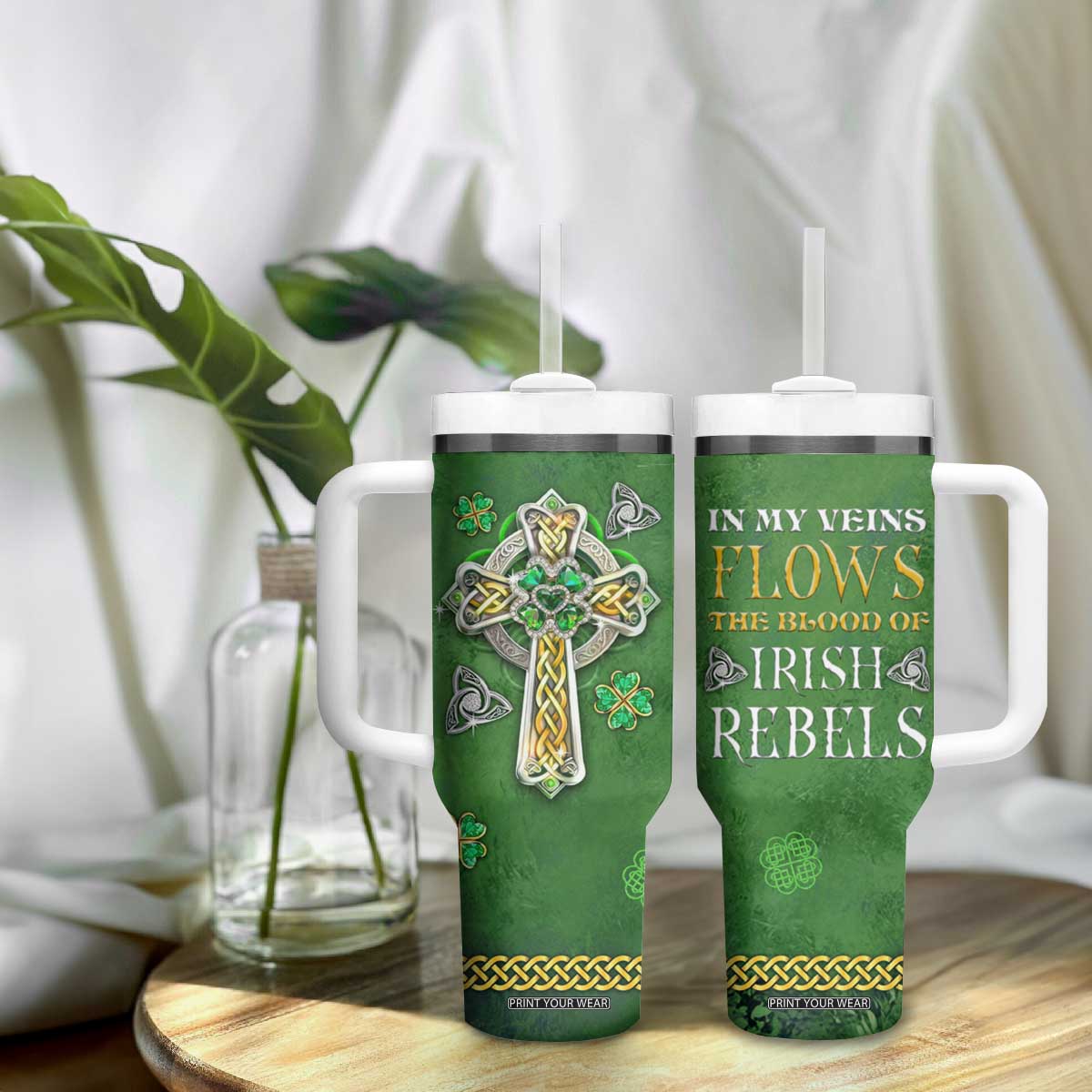 Irish Pride Celtic Cross Tumbler With Handle In My Veins Flows The Blood Of Irish Rebels Ireland TB02 Print Your Wear