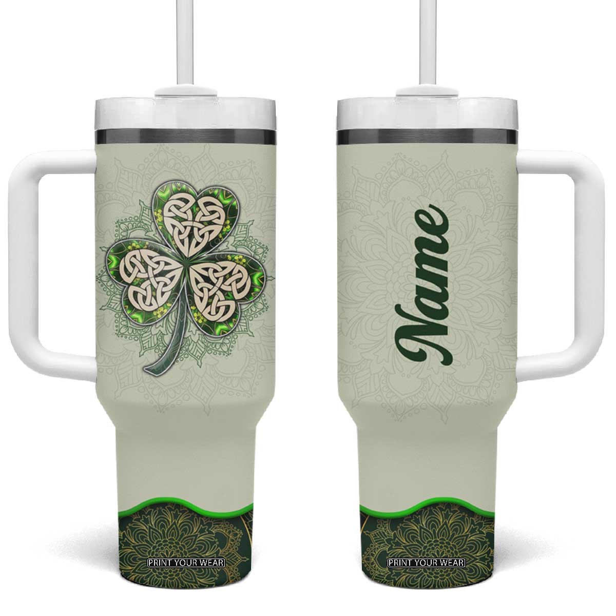 Personalized Lucky Celtic Shamrock Tumbler With Handle Custom Name Ireland Irish Pride TB02 One Size: 40 oz Green Print Your Wear