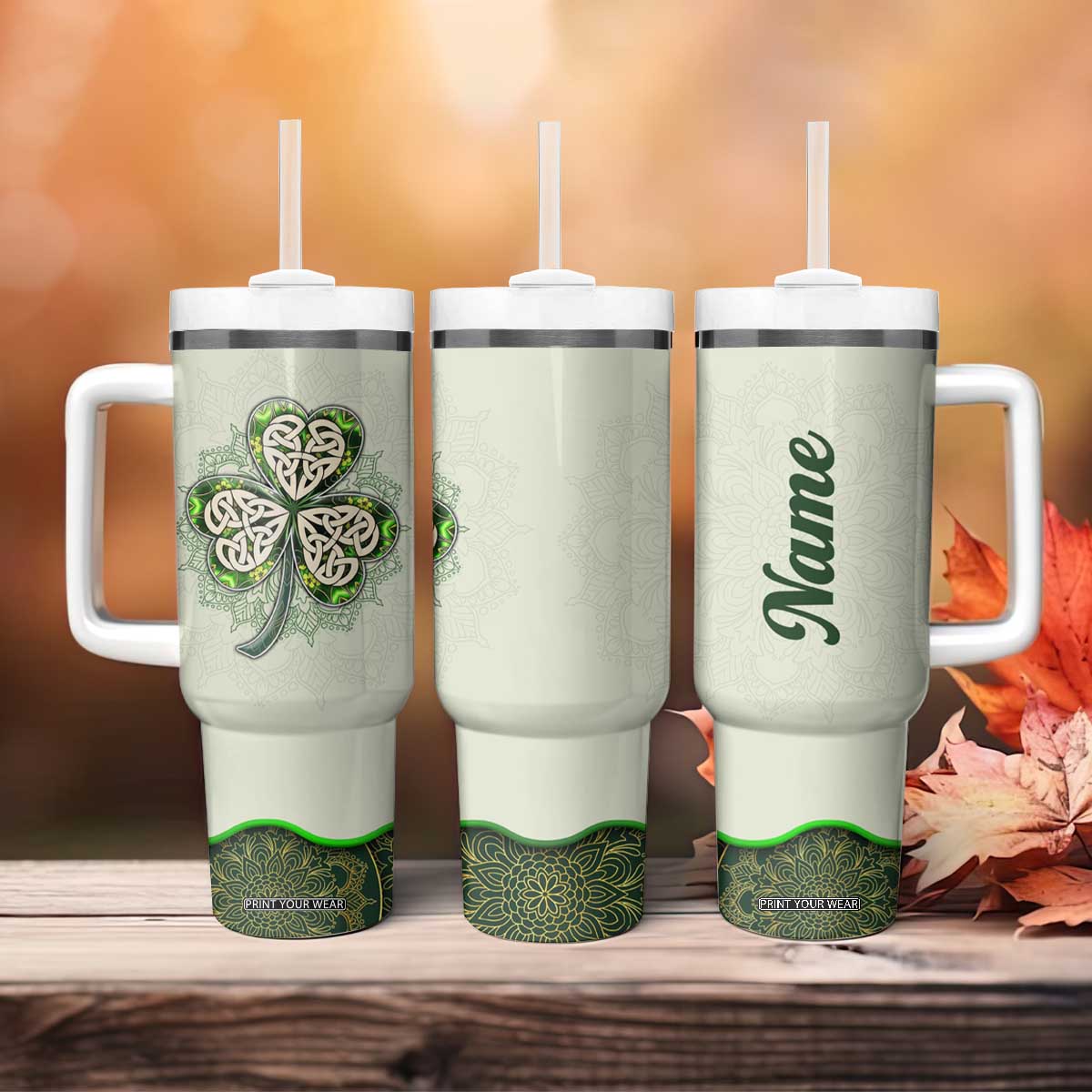 Personalized Lucky Celtic Shamrock Tumbler With Handle Custom Name Ireland Irish Pride TB02 Print Your Wear