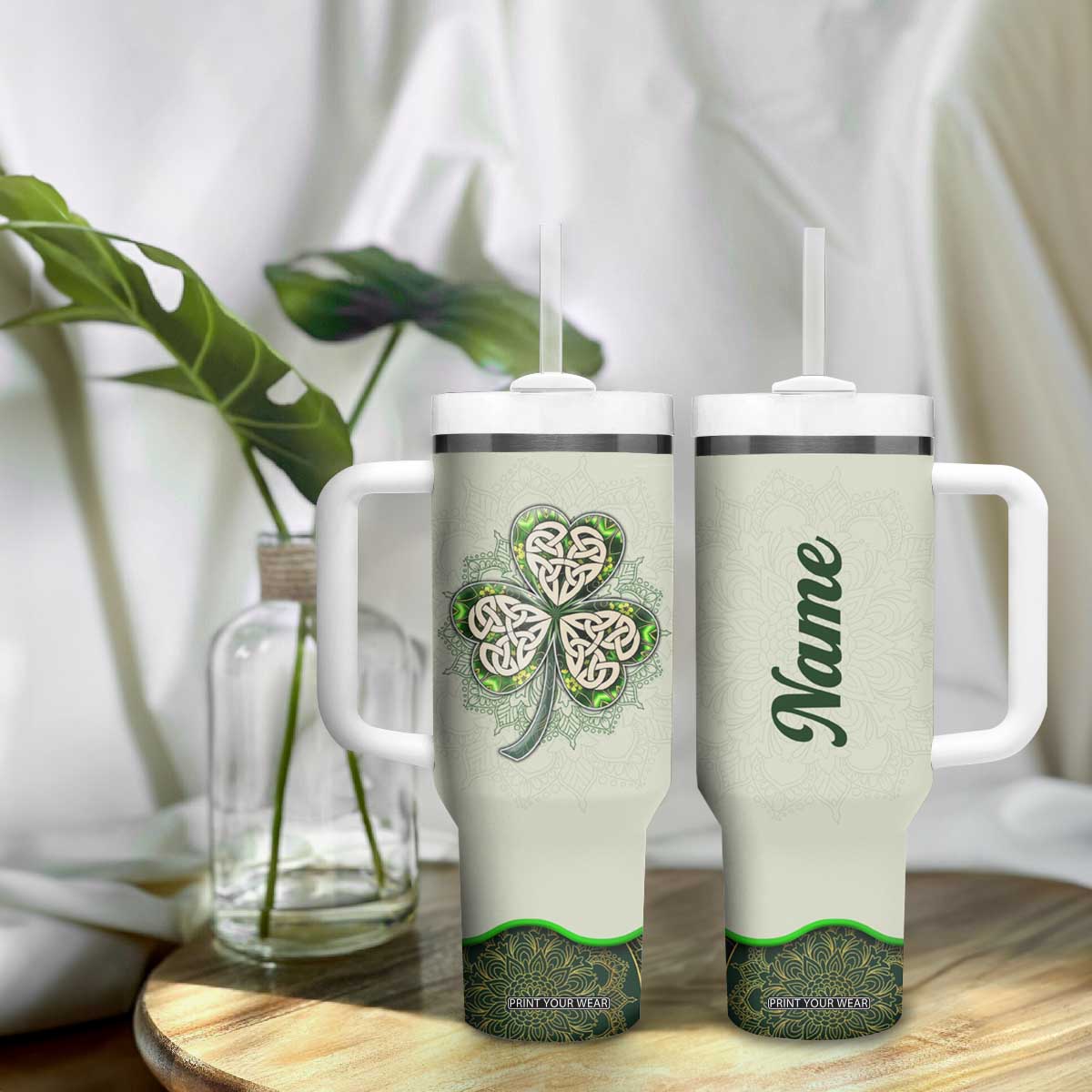 Personalized Lucky Celtic Shamrock Tumbler With Handle Custom Name Ireland Irish Pride TB02 Print Your Wear