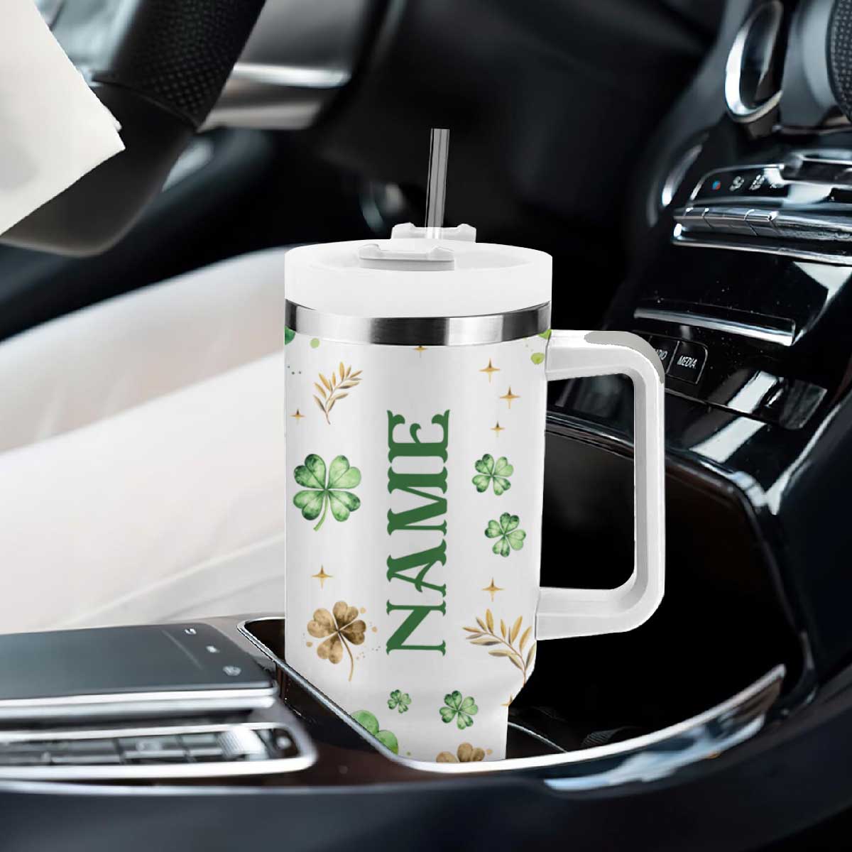 Personalized Irish Green Shamrocks Tumbler With Handle Custom Name Not Lucky Just Blessed TB02 Print Your Wear