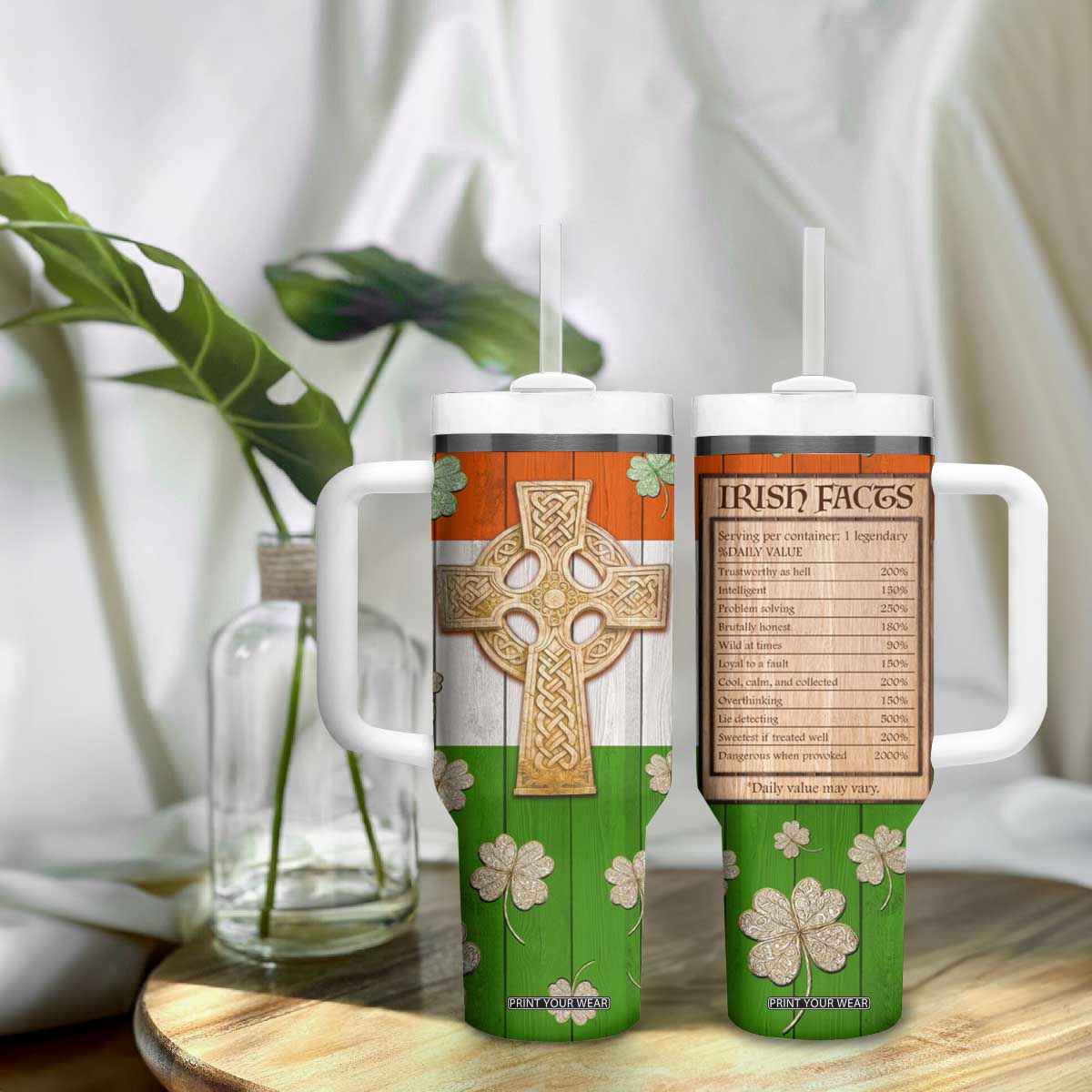 Irish Pride Celtic Cross Tumbler With Handle Funny Nutrtion Fact Ireland Flag Vintage TB02 Print Your Wear