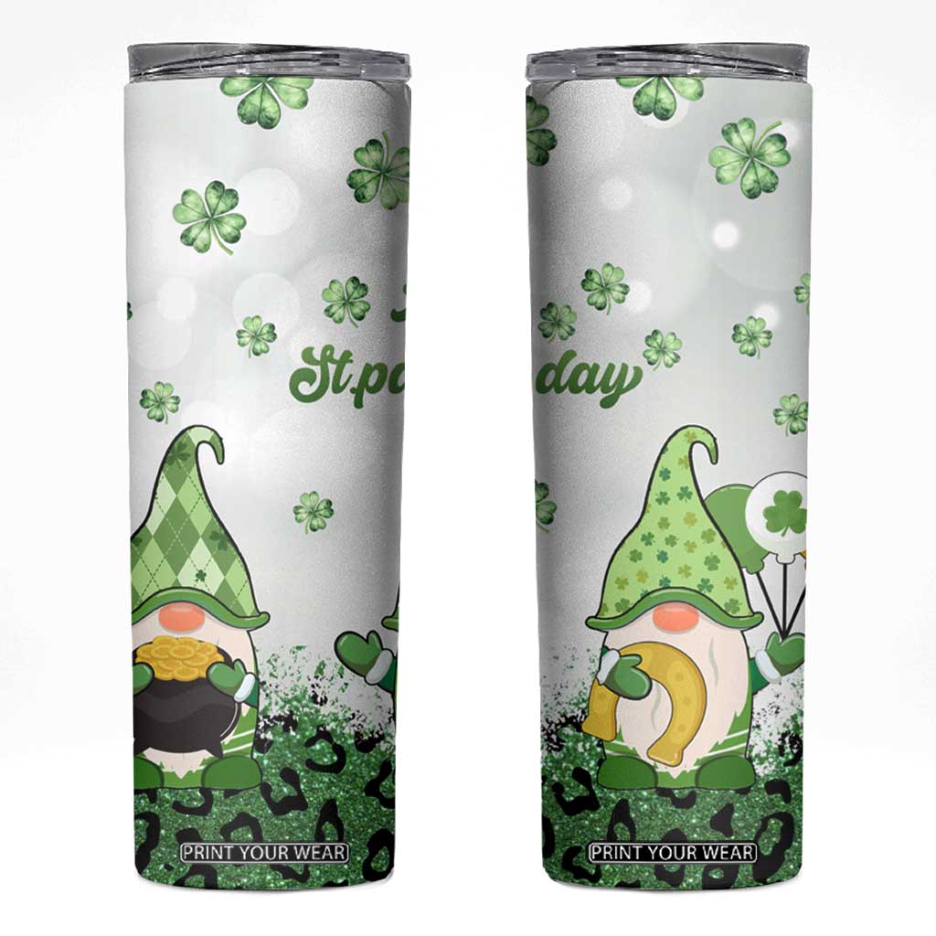 Personalized Lucky Green Gnomies Skinny Tumbler Irish Gnomes Happy St Patrick's Day Leopard TB02 White Print Your Wear