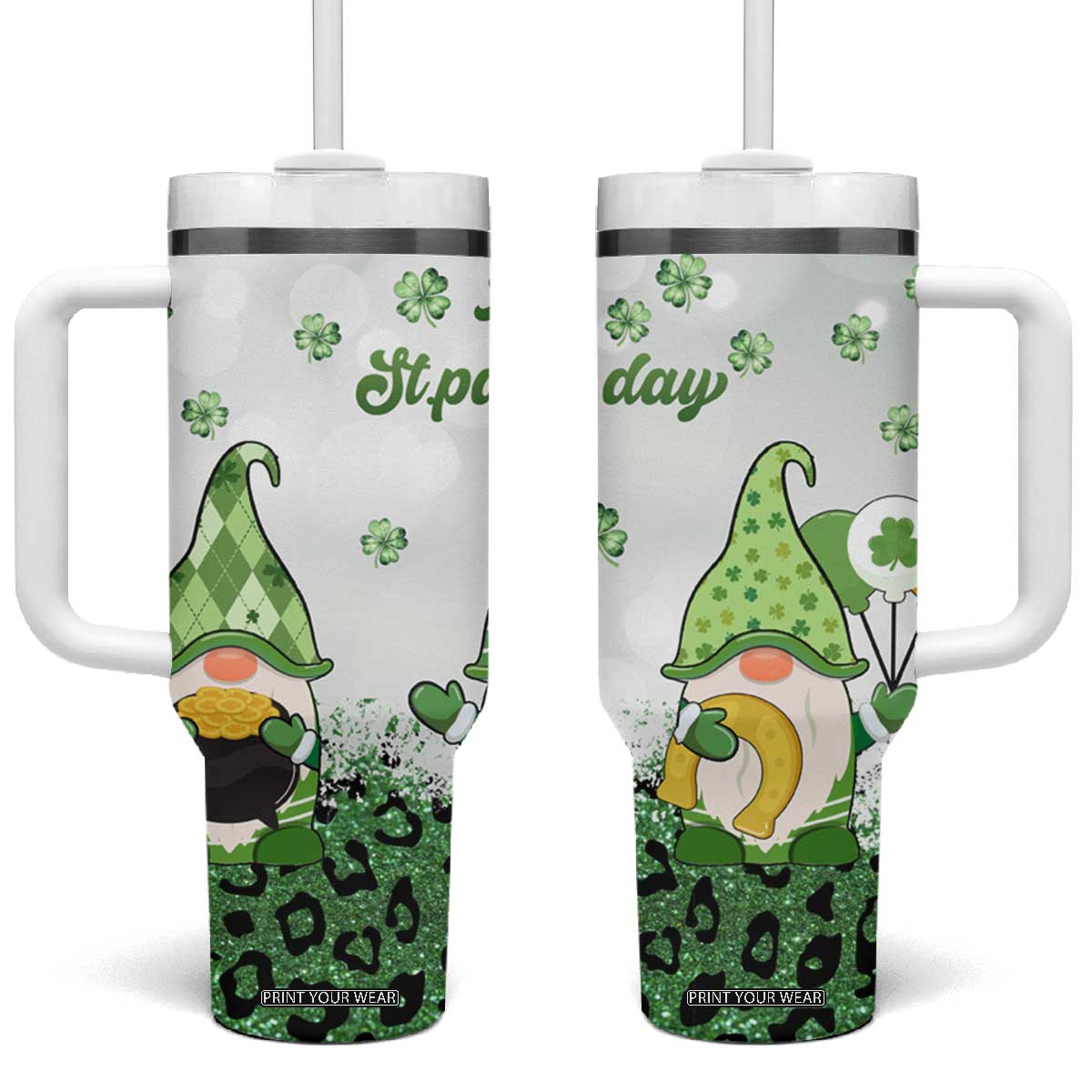 Personalized Lucky Green Gnomies Tumbler With Handle Irish Gnomes Happy St Patrick's Day Leopard TB02 One Size: 40 oz White Print Your Wear