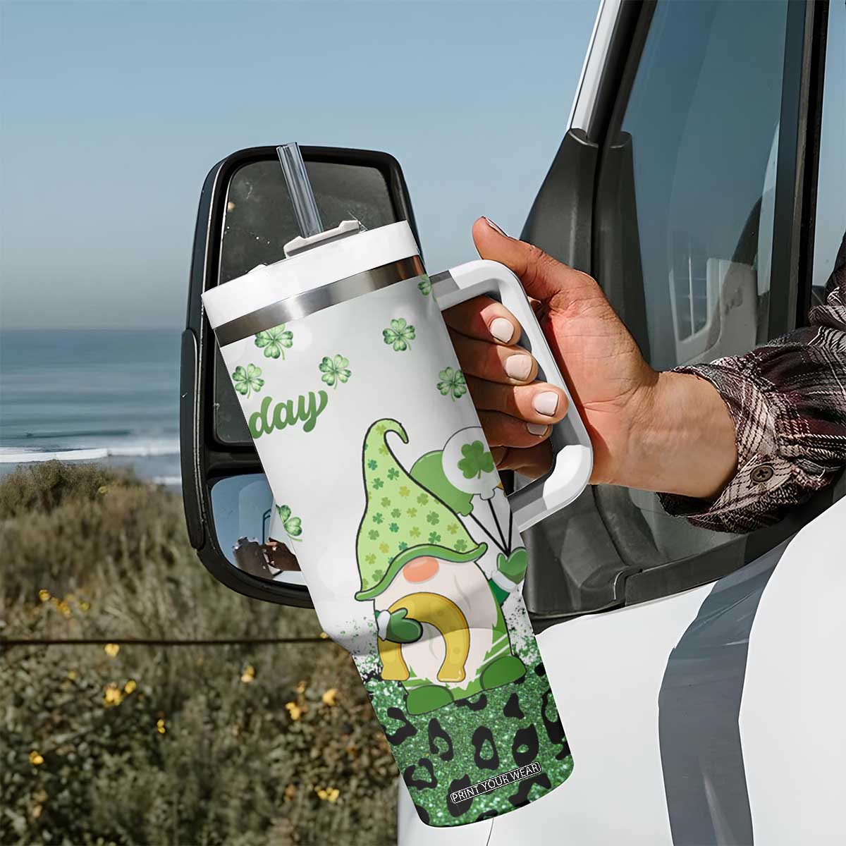 Personalized Lucky Green Gnomies Tumbler With Handle Irish Gnomes Happy St Patrick's Day Leopard TB02 Print Your Wear