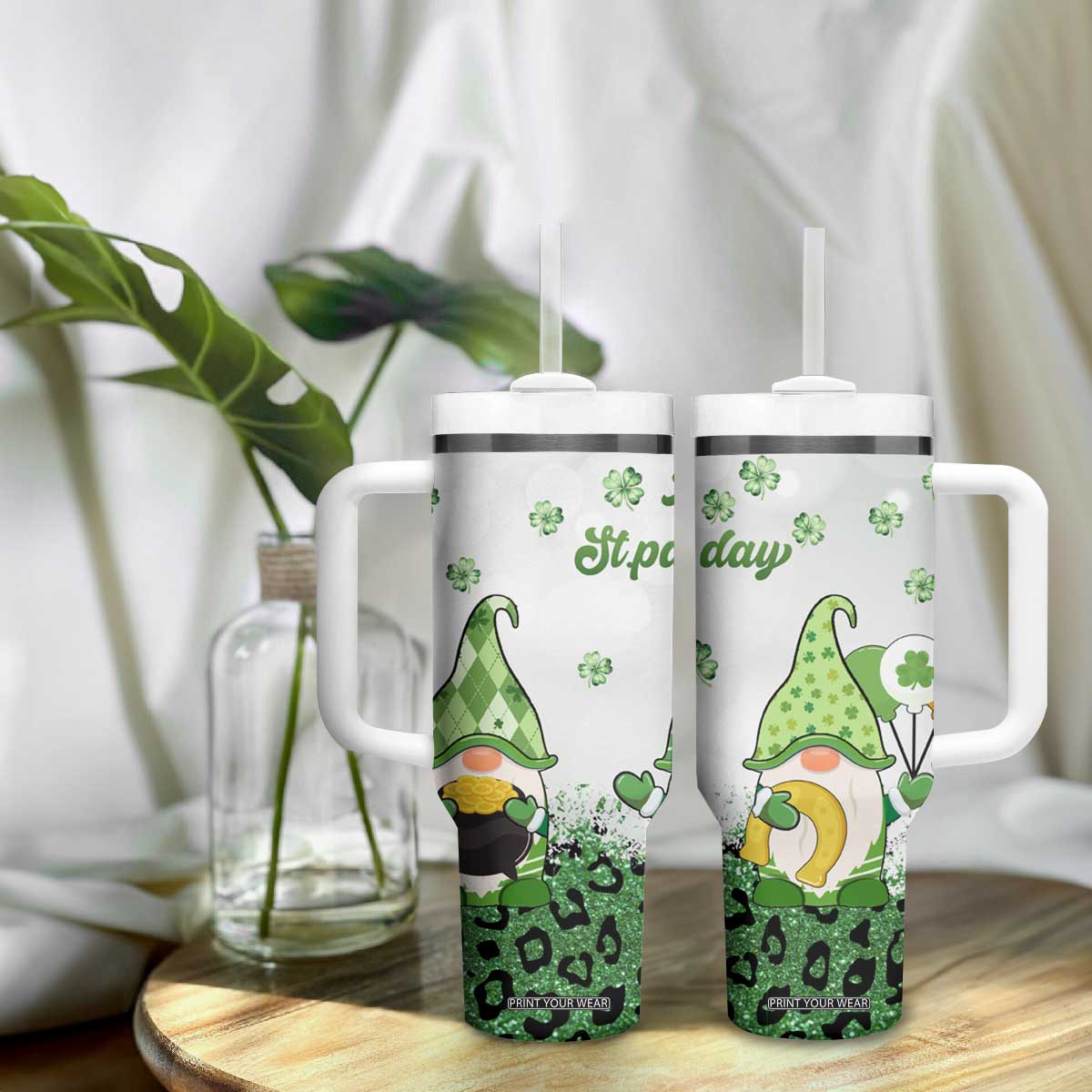 Personalized Lucky Green Gnomies Tumbler With Handle Irish Gnomes Happy St Patrick's Day Leopard TB02 Print Your Wear