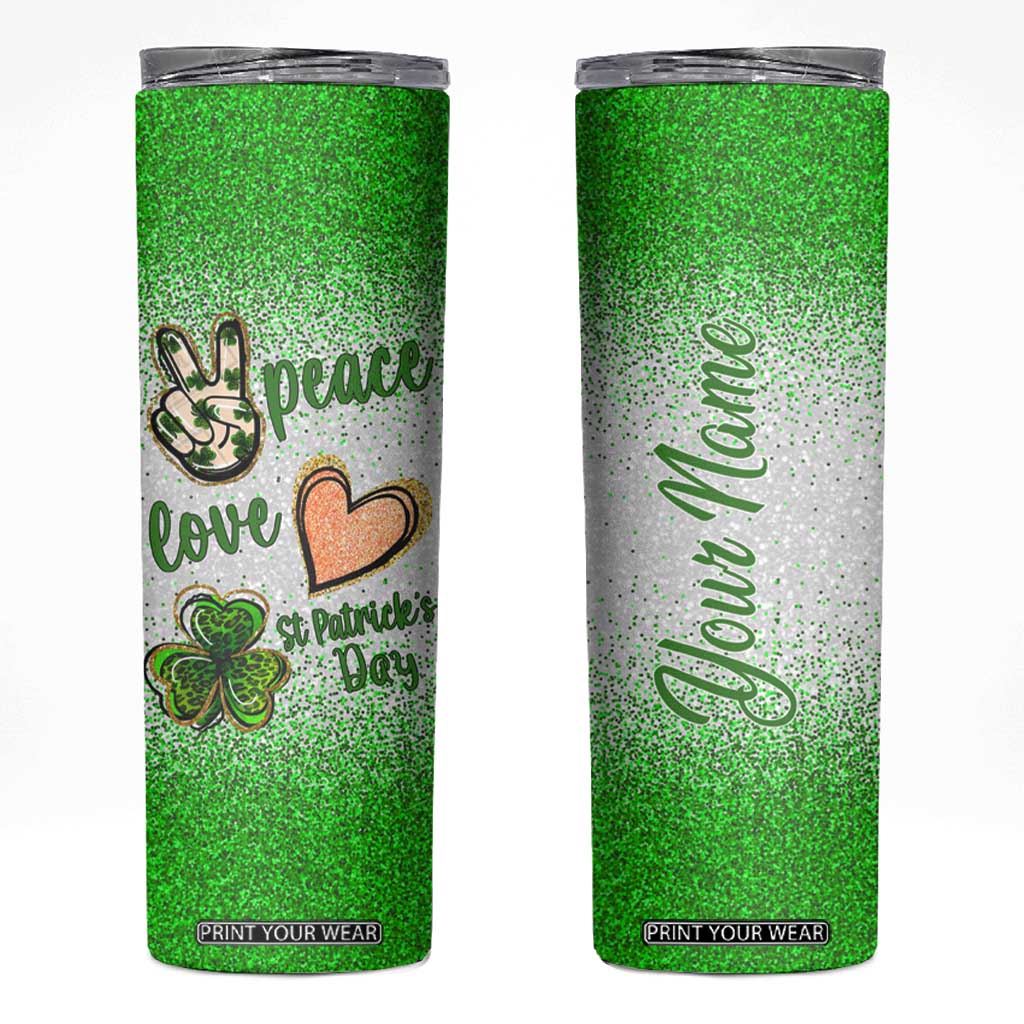Personalized Green Shamrock Skinny Tumbler Custom Name Lucky Irish Peace Love St Patrick's Day TB02 White Print Your Wear