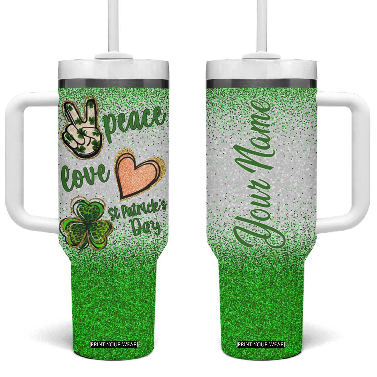 Personalized Green Shamrock Tumbler With Handle Custom Name Lucky Irish Peace Love St Patrick's Day TB02 One Size: 40 oz White Print Your Wear