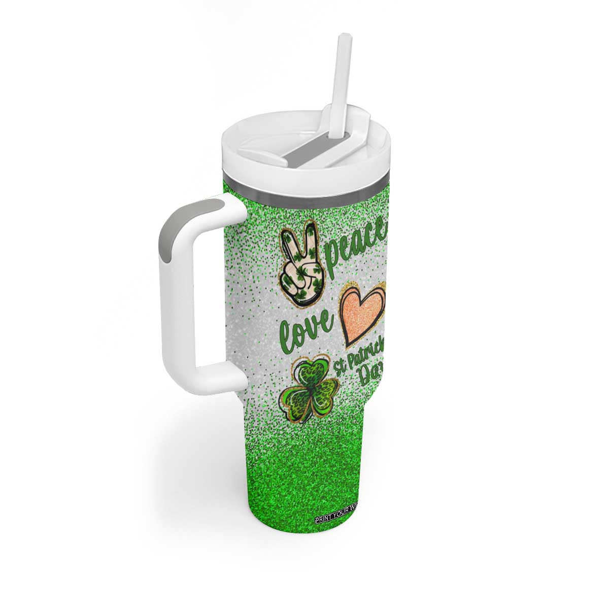 Personalized Green Shamrock Tumbler With Handle Custom Name Lucky Irish Peace Love St Patrick's Day TB02 Print Your Wear