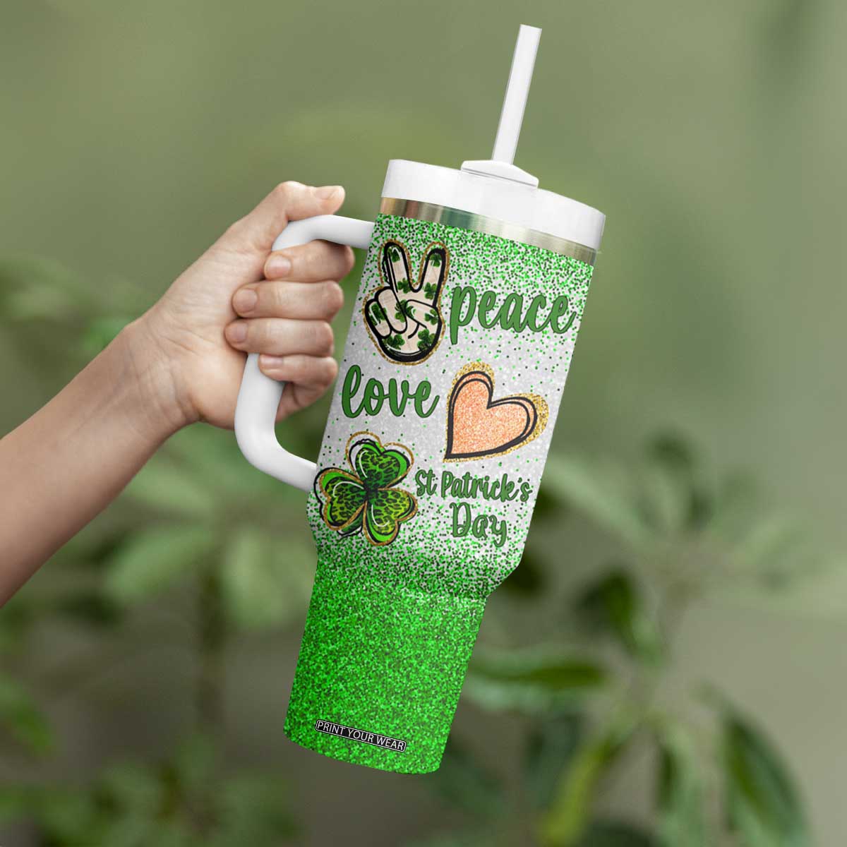 Personalized Green Shamrock Tumbler With Handle Custom Name Lucky Irish Peace Love St Patrick's Day TB02 Print Your Wear