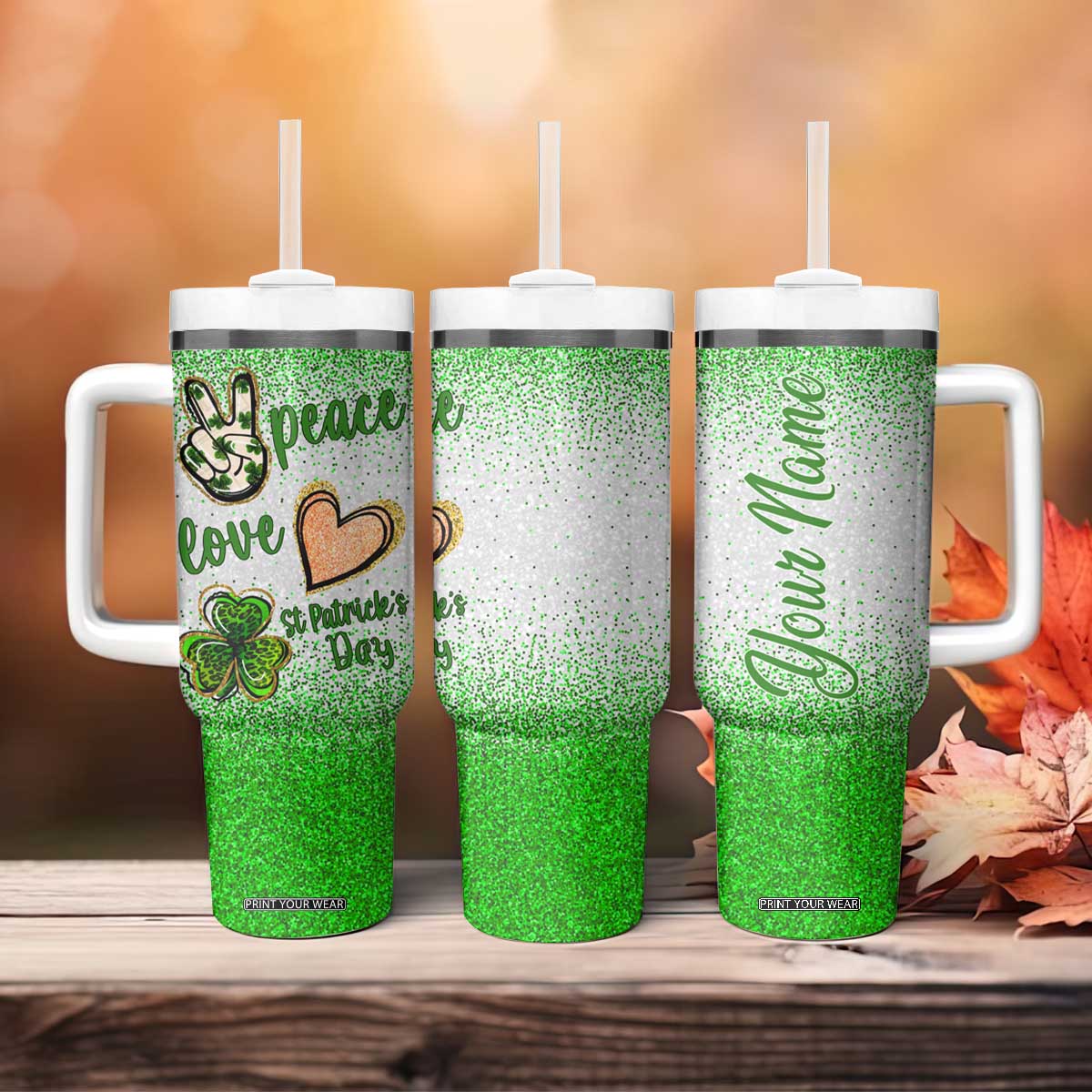 Personalized Green Shamrock Tumbler With Handle Custom Name Lucky Irish Peace Love St Patrick's Day TB02 Print Your Wear