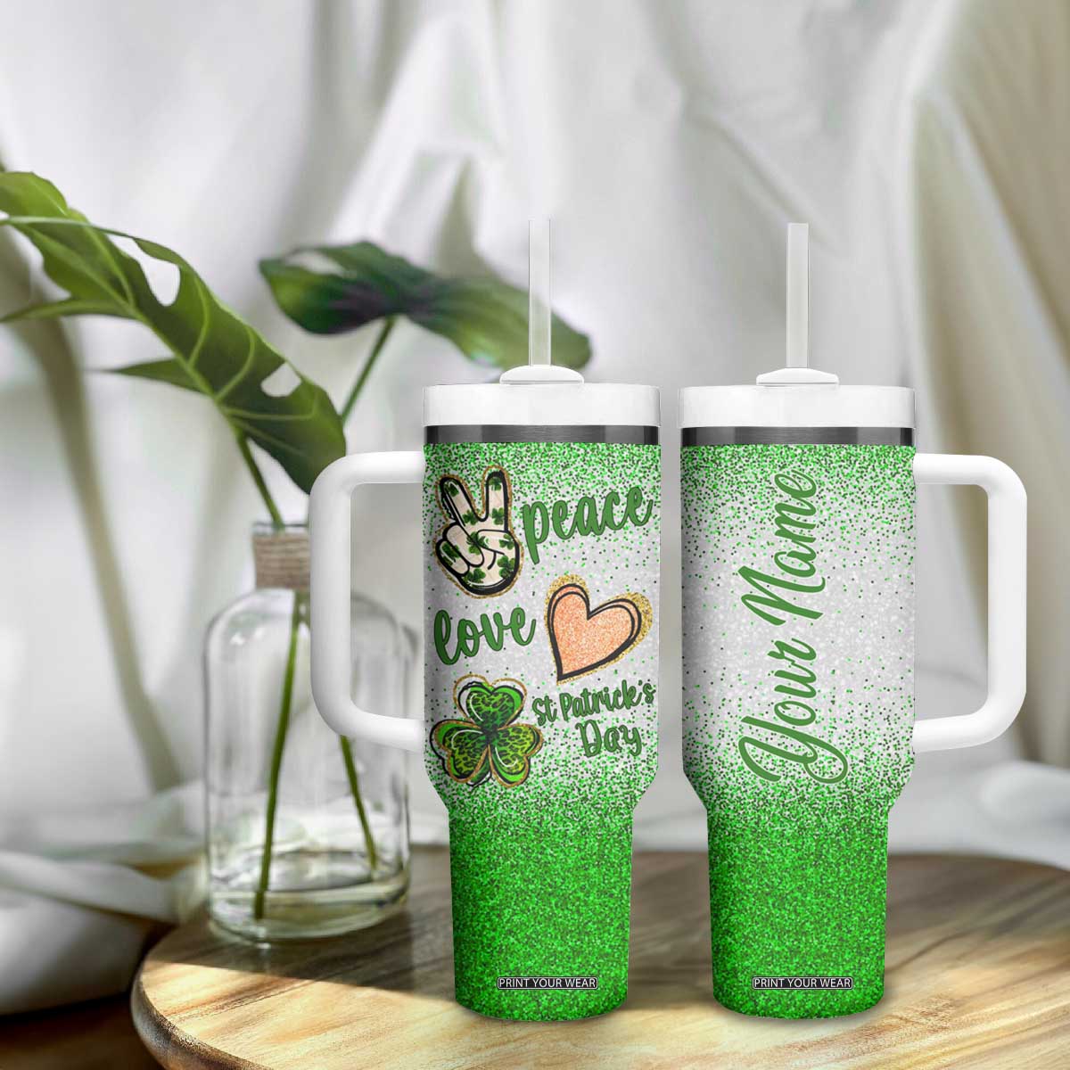 Personalized Green Shamrock Tumbler With Handle Custom Name Lucky Irish Peace Love St Patrick's Day TB02 Print Your Wear