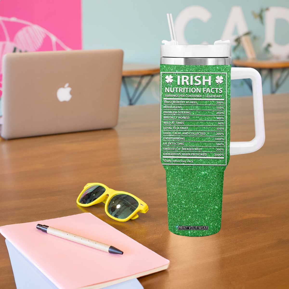 Funny Irish Nutrition Facts Tumbler With Handle Green Leprechaun Costume St Patrick's Day TB02 Print Your Wear