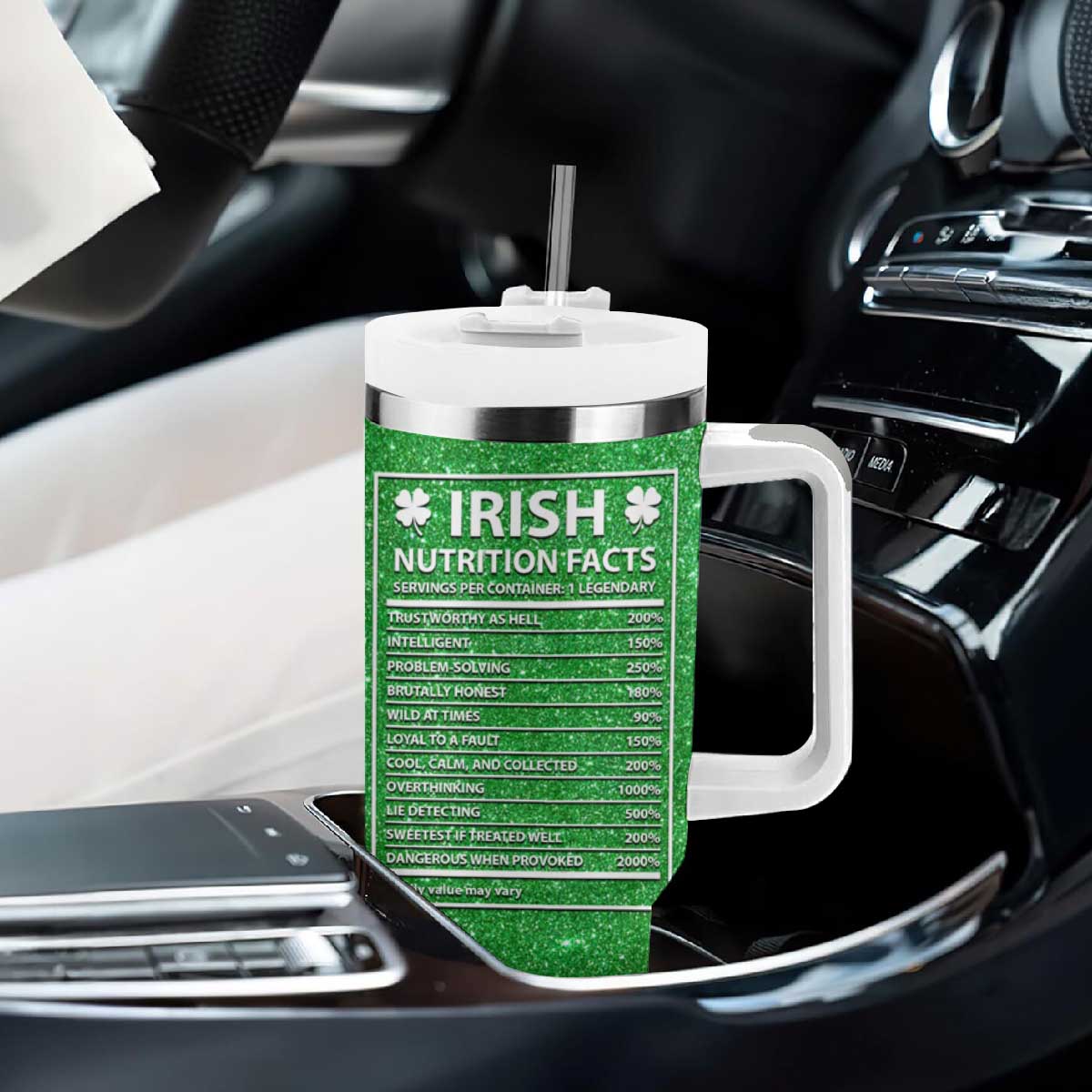 Funny Irish Nutrition Facts Tumbler With Handle Green Leprechaun Costume St Patrick's Day TB02 Print Your Wear
