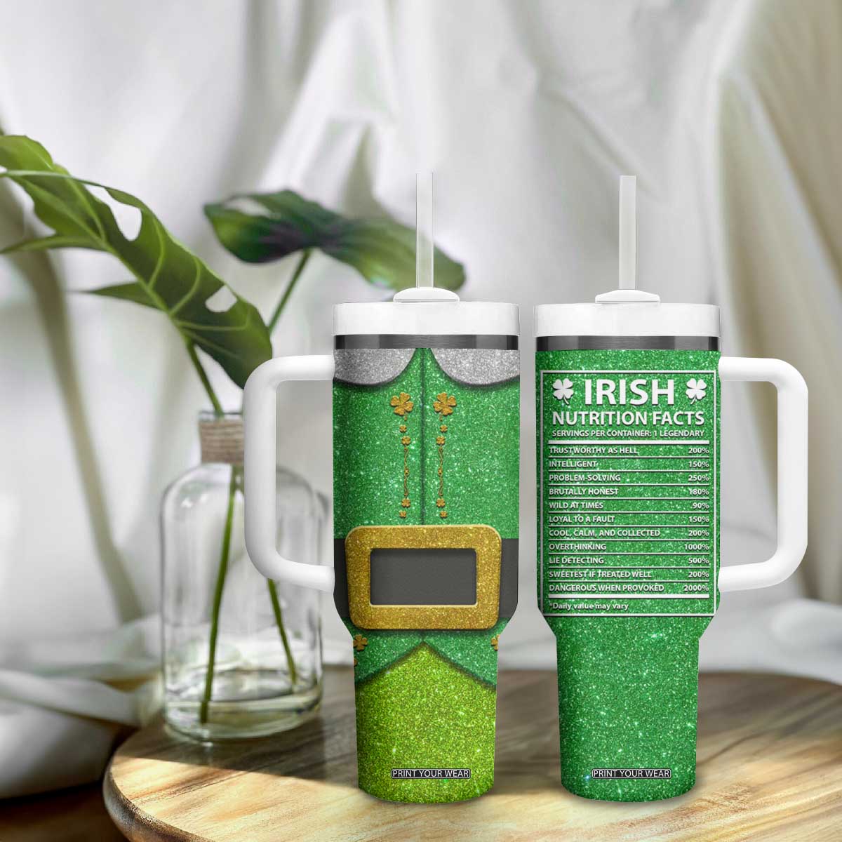 Funny Irish Nutrition Facts Tumbler With Handle Green Leprechaun Costume St Patrick's Day TB02 Print Your Wear