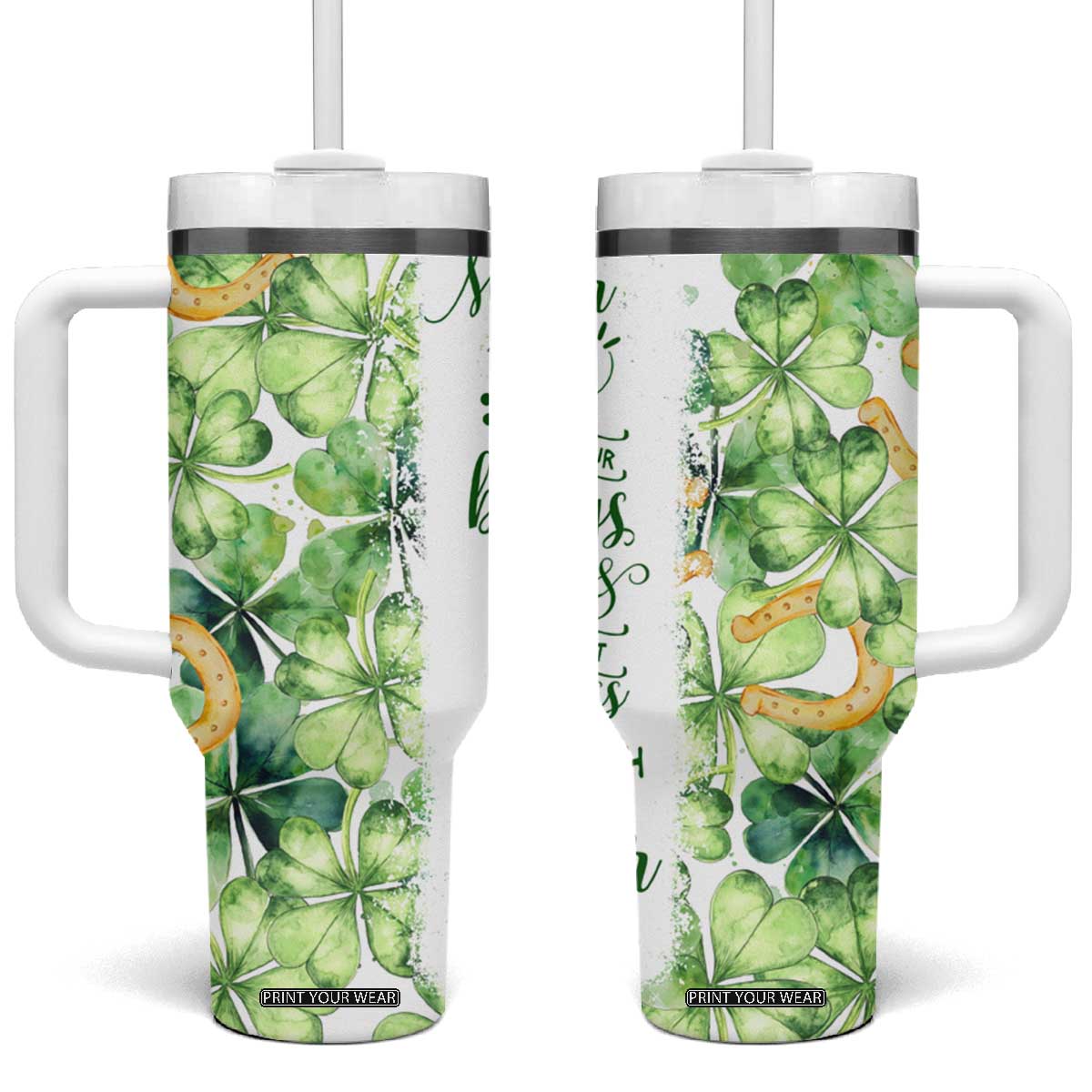 Green Lucky Shamrock Wishes Tumbler With Handle May Your Troubles Be Less And Your Blessings Be More Irish Things TB02 One Size: 40 oz Green Print Your Wear