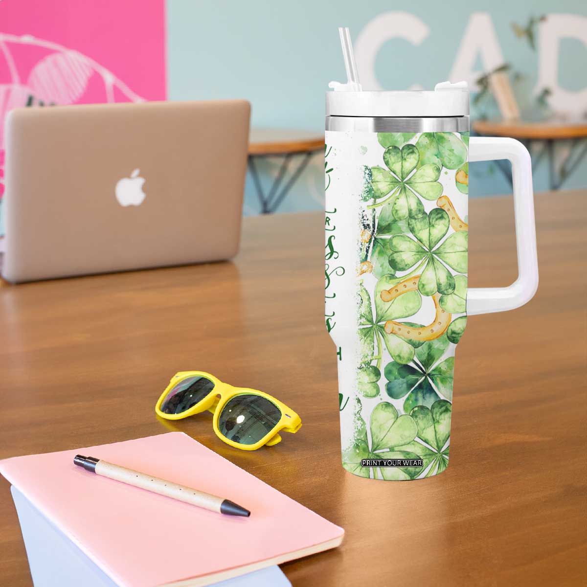 Green Lucky Shamrock Wishes Tumbler With Handle May Your Troubles Be Less And Your Blessings Be More Irish Things TB02 Print Your Wear