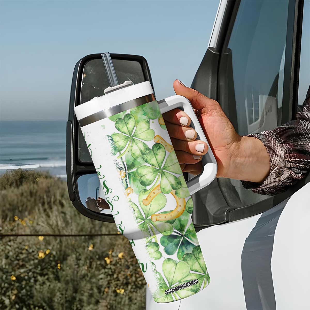 Green Lucky Shamrock Wishes Tumbler With Handle May Your Troubles Be Less And Your Blessings Be More Irish Things TB02 Print Your Wear