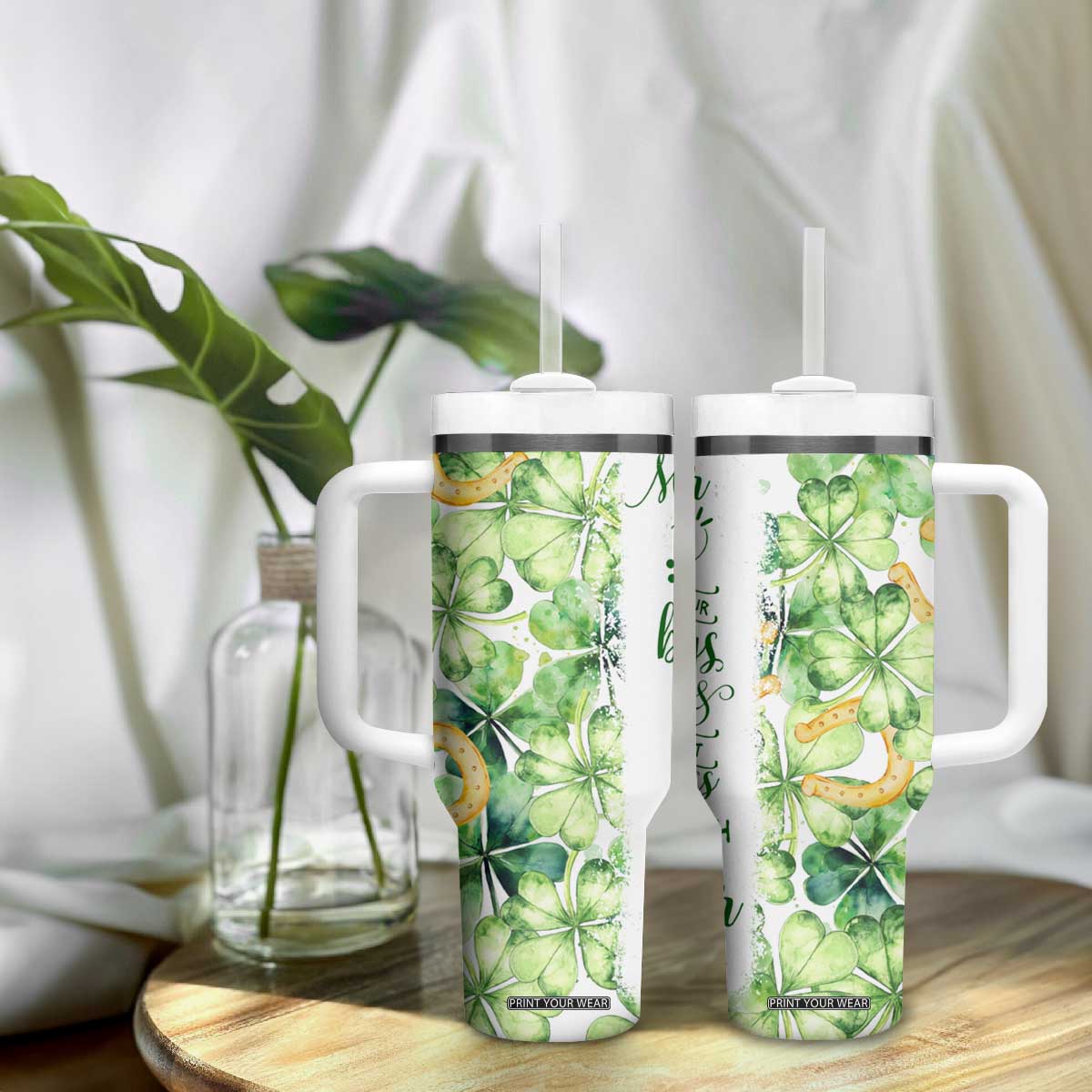 Green Lucky Shamrock Wishes Tumbler With Handle May Your Troubles Be Less And Your Blessings Be More Irish Things TB02 Print Your Wear