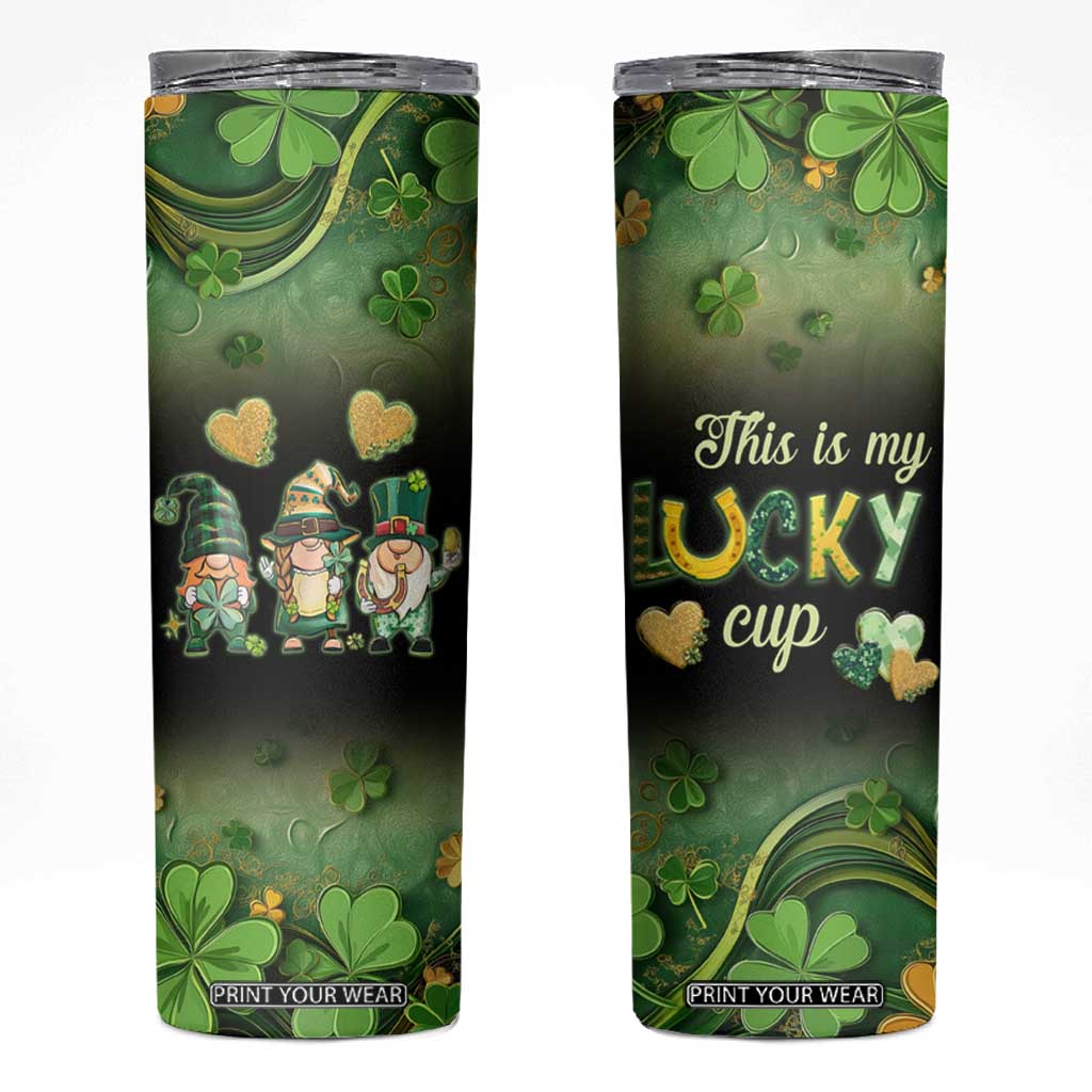 This Is My Lucky Cup Skinny Tumbler Cute Irish Gnomes Buffalo Palid Funny St Patricks Day TB02 Black Print Your Wear