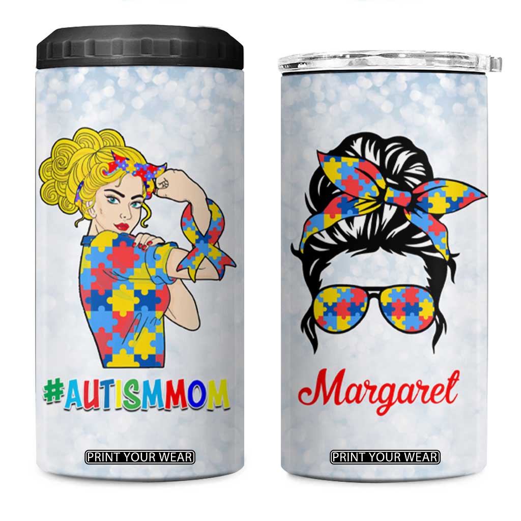 Personalized Autism Mom 4 in 1 Can Cooler Tumbler Strong and Proud Puzzle Pieces Messy Bun TB02 One Size: 16 oz Light Blue Print Your Wear