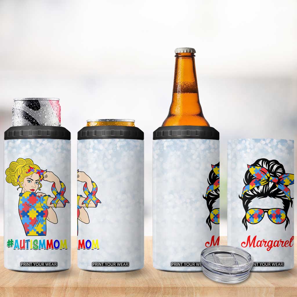 Personalized Autism Mom 4 in 1 Can Cooler Tumbler Strong and Proud Puzzle Pieces Messy Bun TB02 Print Your Wear