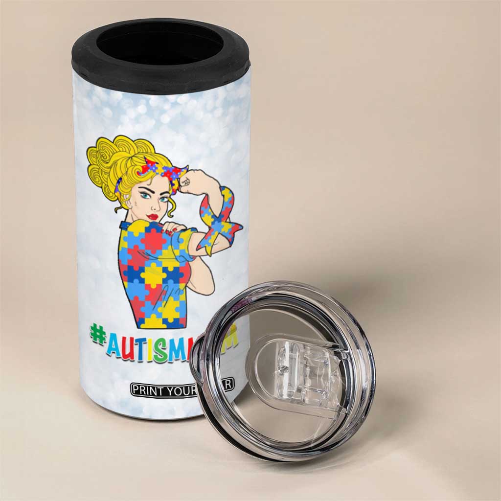 Personalized Autism Mom 4 in 1 Can Cooler Tumbler Strong and Proud Puzzle Pieces Messy Bun TB02 Print Your Wear