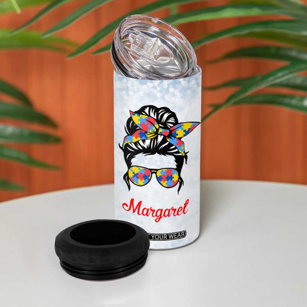 Personalized Autism Mom 4 in 1 Can Cooler Tumbler Strong and Proud Puzzle Pieces Messy Bun TB02 Print Your Wear