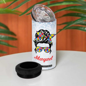 Personalized Autism Mom 4 in 1 Can Cooler Tumbler Strong and Proud Puzzle Pieces Messy Bun TB02 Print Your Wear