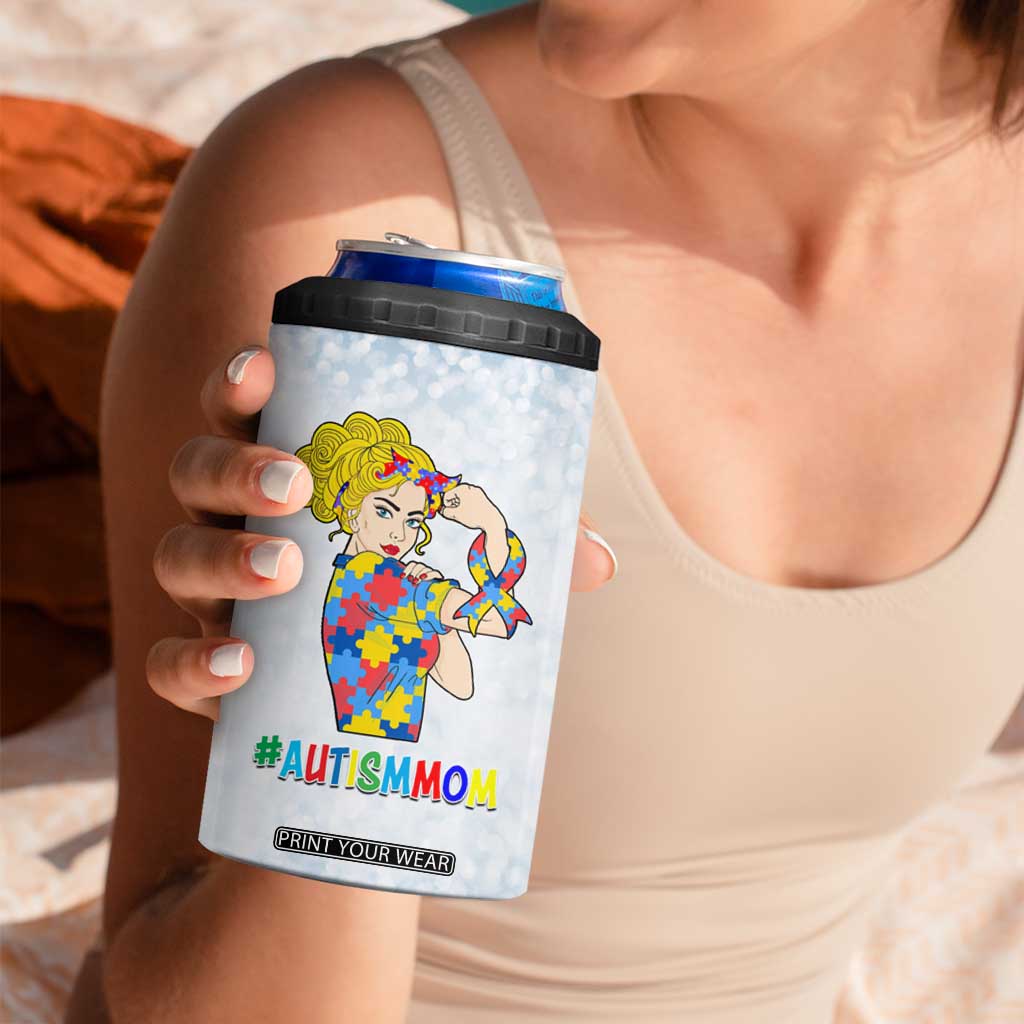 Personalized Autism Mom 4 in 1 Can Cooler Tumbler Strong and Proud Puzzle Pieces Messy Bun TB02 Print Your Wear