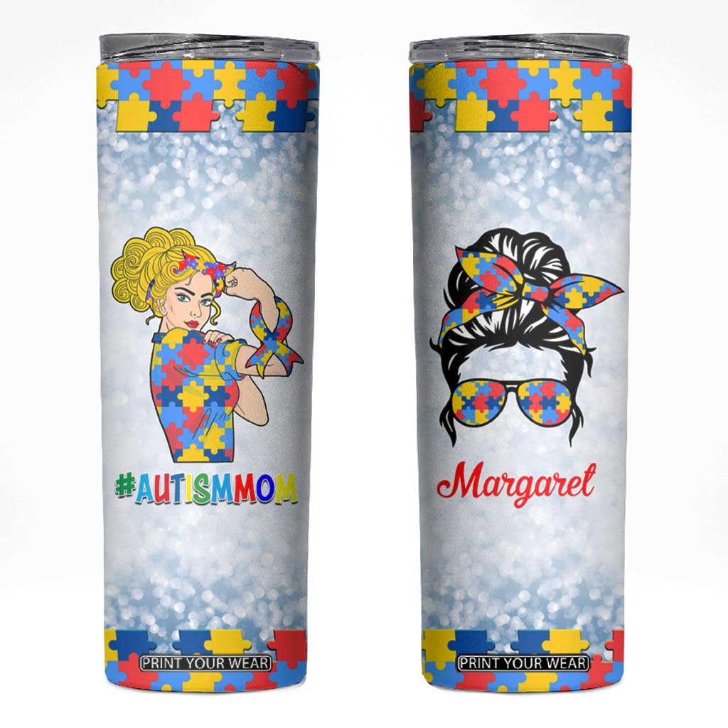 Personalized Autism Mom Skinny Tumbler Strong and Proud Puzzle Pieces Messy Bun TB02 Light Blue Print Your Wear