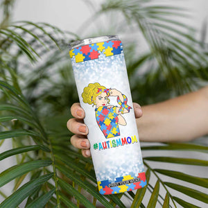 Personalized Autism Mom Skinny Tumbler Strong and Proud Puzzle Pieces Messy Bun TB02 Print Your Wear