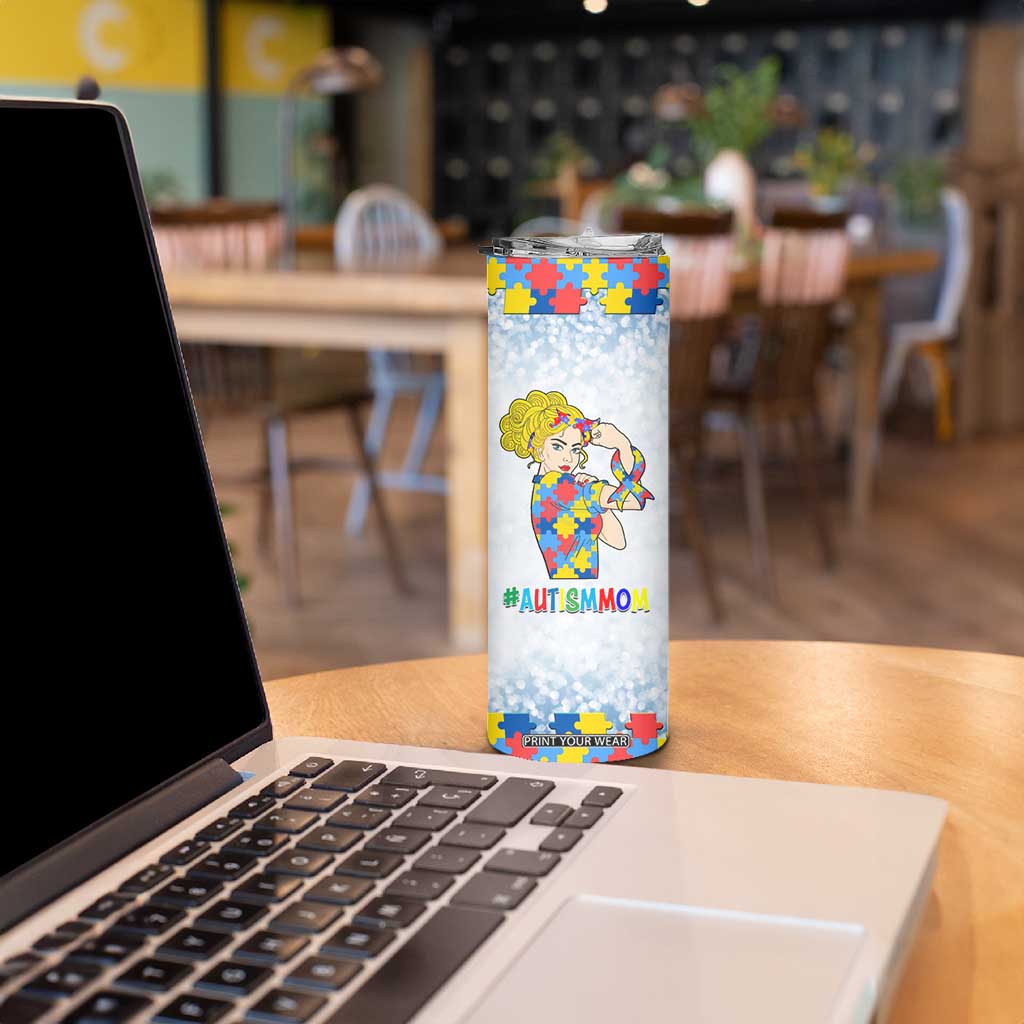 Personalized Autism Mom Skinny Tumbler Strong and Proud Puzzle Pieces Messy Bun TB02 Print Your Wear