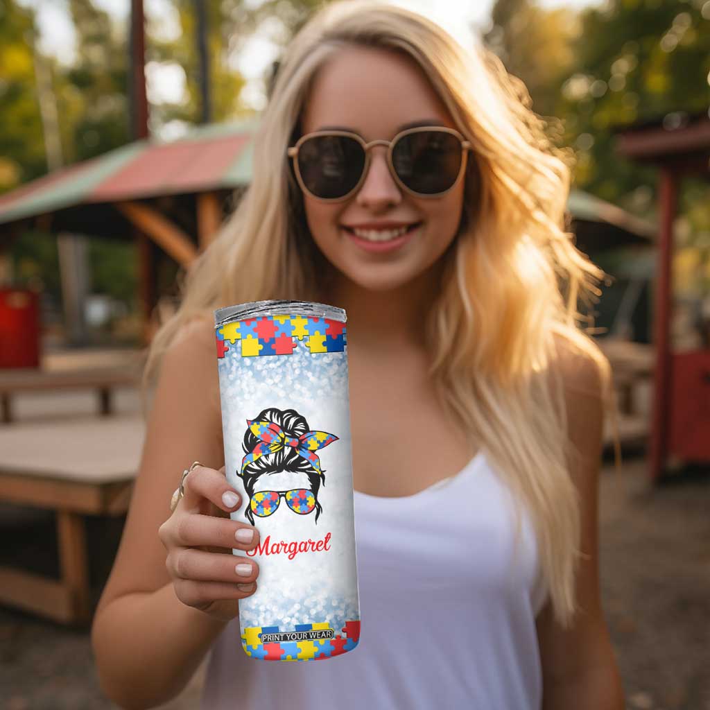 Personalized Autism Mom Skinny Tumbler Strong and Proud Puzzle Pieces Messy Bun TB02 Print Your Wear