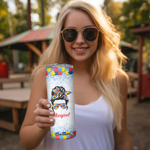 Personalized Autism Mom Skinny Tumbler Strong and Proud Puzzle Pieces Messy Bun TB02 Print Your Wear