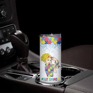 Personalized Autism Mom Skinny Tumbler Strong and Proud Puzzle Pieces Messy Bun TB02 Print Your Wear