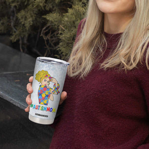 Personalized Autism Mom Tumbler Cup Strong and Proud Puzzle Pieces Messy Bun TB02 Print Your Wear