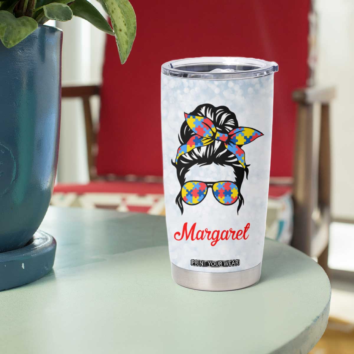 Personalized Autism Mom Tumbler Cup Strong and Proud Puzzle Pieces Messy Bun TB02 Print Your Wear