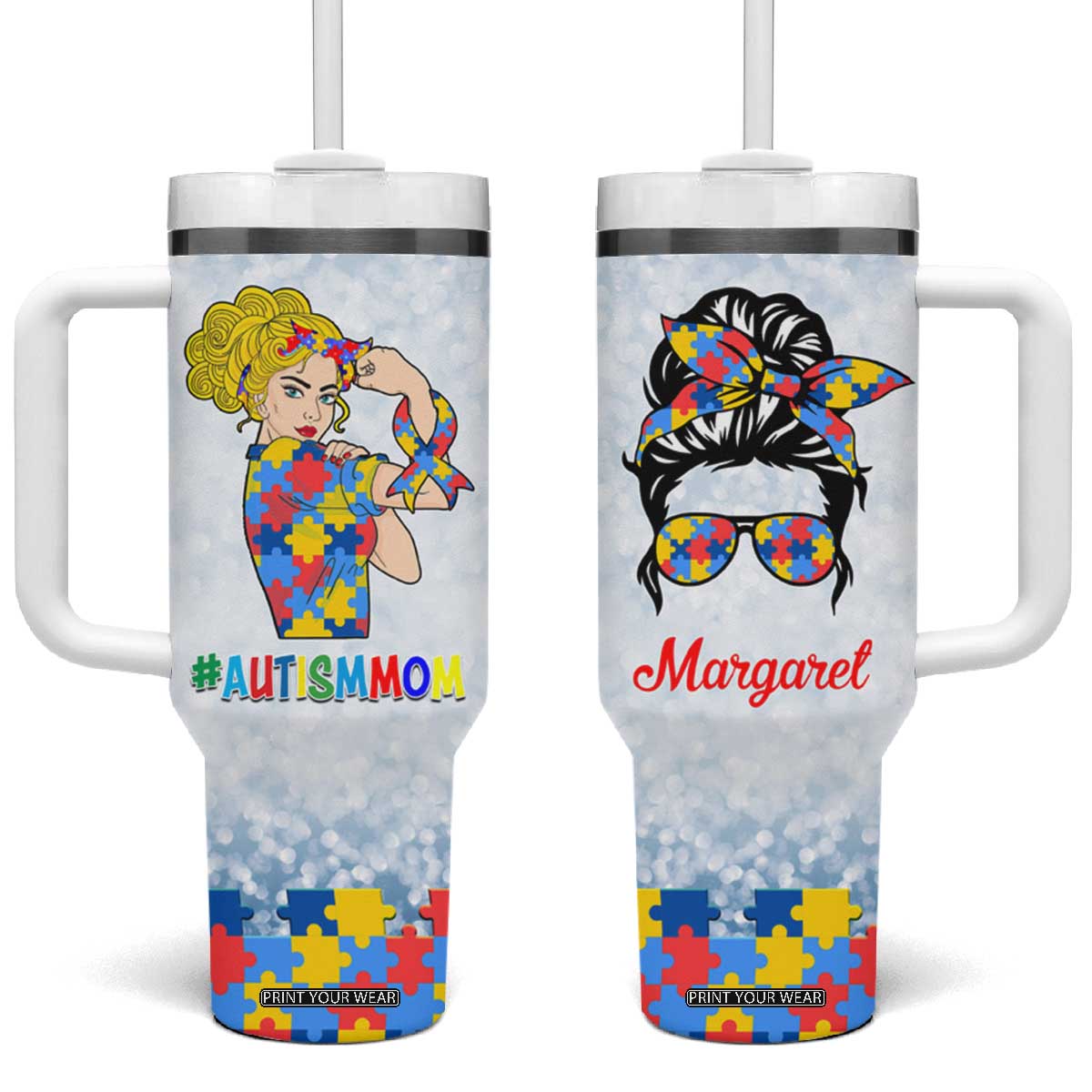 Personalized Autism Mom Tumbler With Handle Strong and Proud Puzzle Pieces Messy Bun TB02 One Size: 40 oz Light Blue Print Your Wear