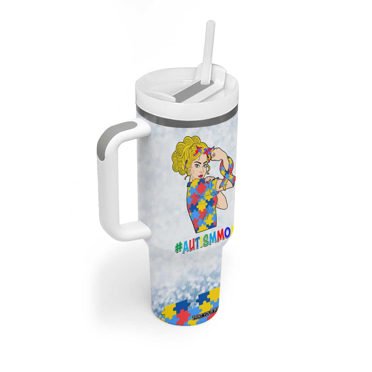Personalized Autism Mom Tumbler With Handle Strong and Proud Puzzle Pieces Messy Bun TB02 Print Your Wear