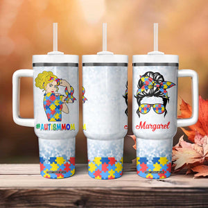 Personalized Autism Mom Tumbler With Handle Strong and Proud Puzzle Pieces Messy Bun TB02 Print Your Wear