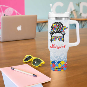 Personalized Autism Mom Tumbler With Handle Strong and Proud Puzzle Pieces Messy Bun TB02 Print Your Wear