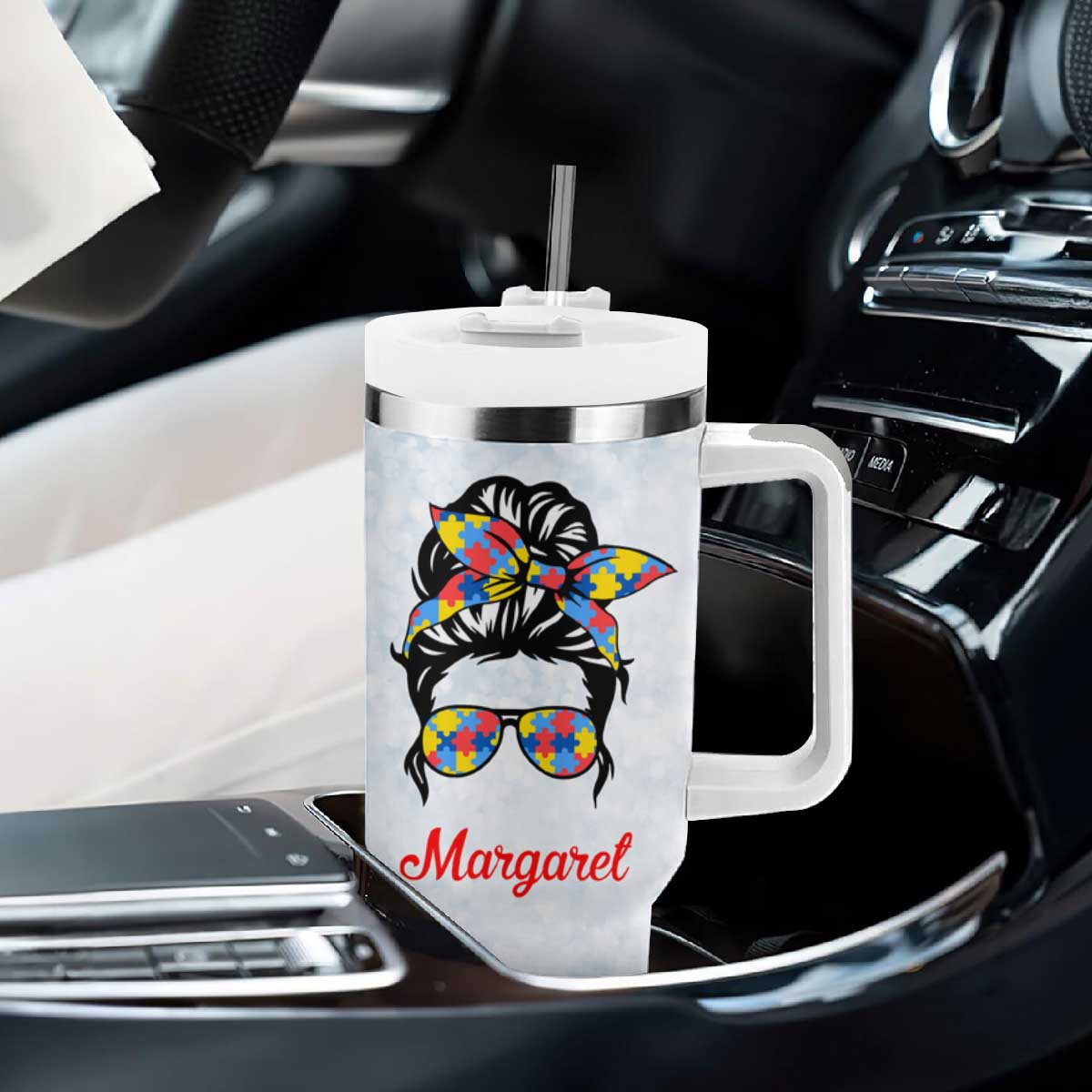Personalized Autism Mom Tumbler With Handle Strong and Proud Puzzle Pieces Messy Bun TB02 Print Your Wear
