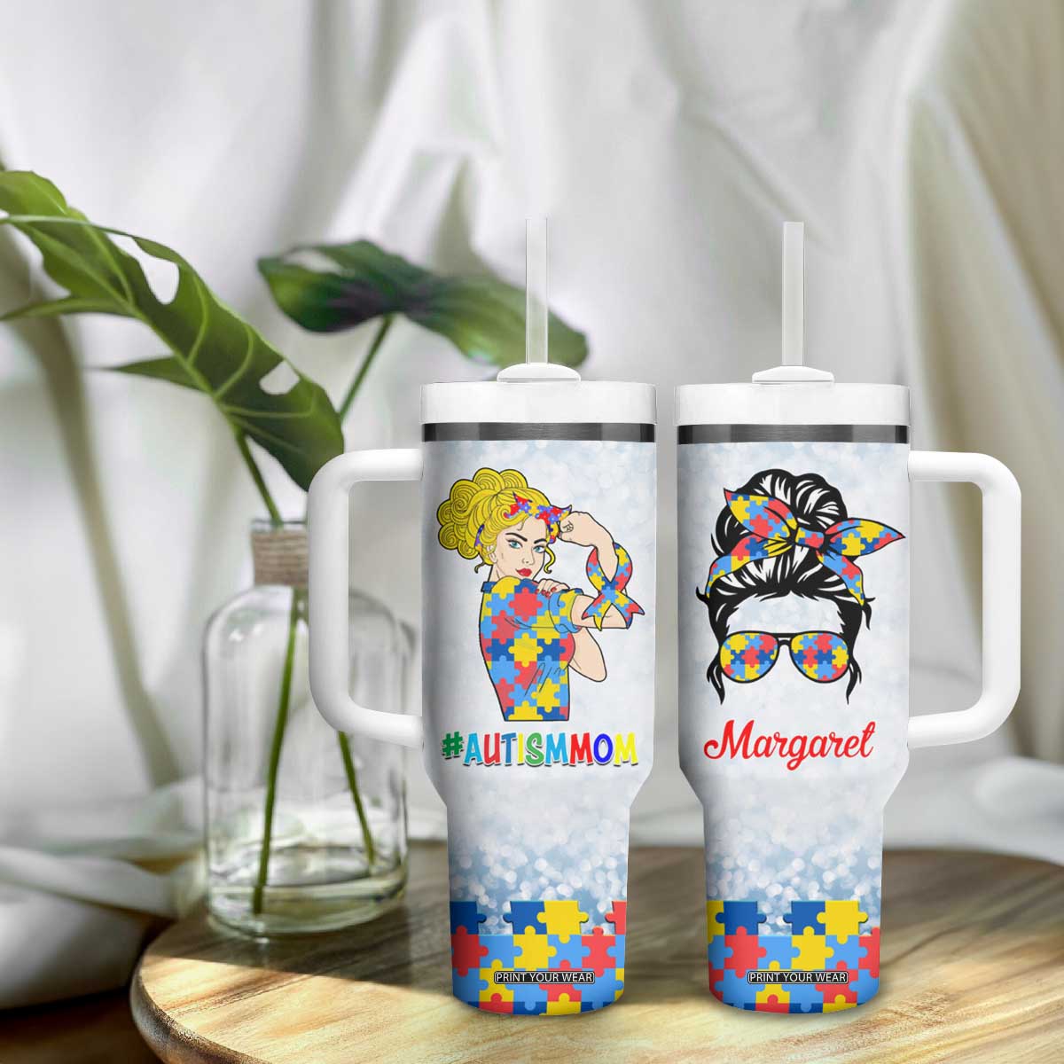 Personalized Autism Mom Tumbler With Handle Strong and Proud Puzzle Pieces Messy Bun TB02 Print Your Wear