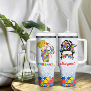 Personalized Autism Mom Tumbler With Handle Strong and Proud Puzzle Pieces Messy Bun TB02 Print Your Wear