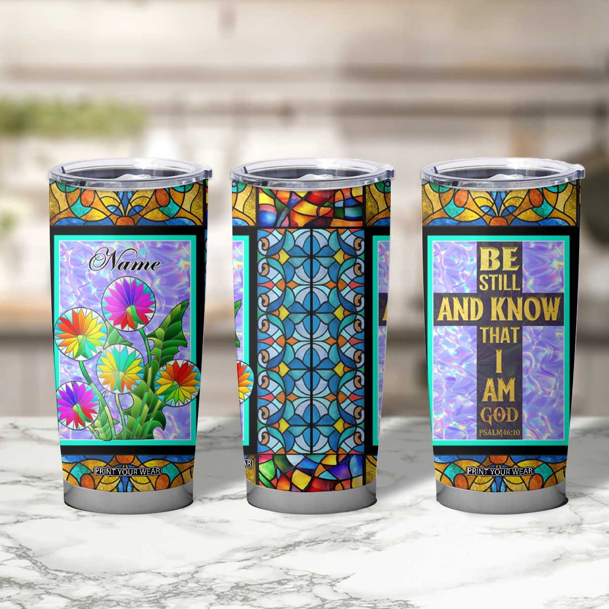 Personalized Christian Faith Stained Glass Printing Tumbler Cup Custom Name Be Still And Know That I Am God Dandelion Taraxacum Flower TB02 Print Your Wear
