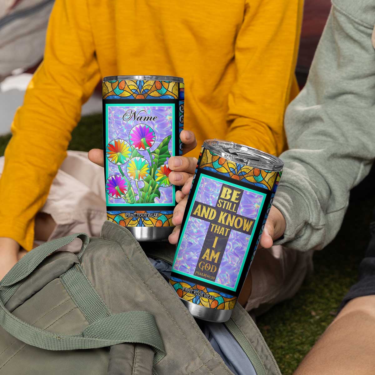 Personalized Christian Faith Stained Glass Printing Tumbler Cup Custom Name Be Still And Know That I Am God Dandelion Taraxacum Flower TB02 Print Your Wear